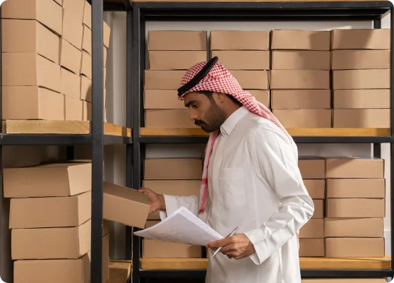 محاسب قانوني يقوم بعملية الجرد في مستودع داخل مدينة الرياض اثناء تدقيق القوائم المالية